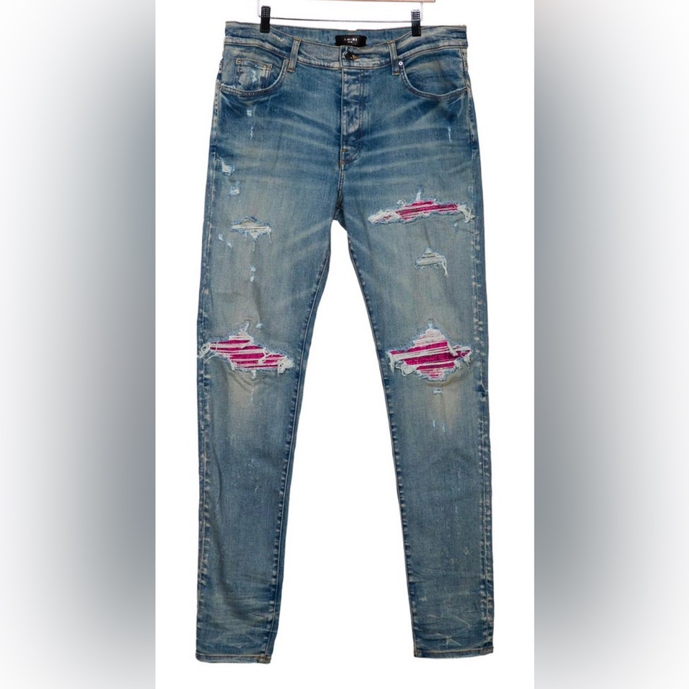 Amiri MX1 Distressed Cracked Pink Leather Patched Clay-Indigo Jeans Size 38 BNWT